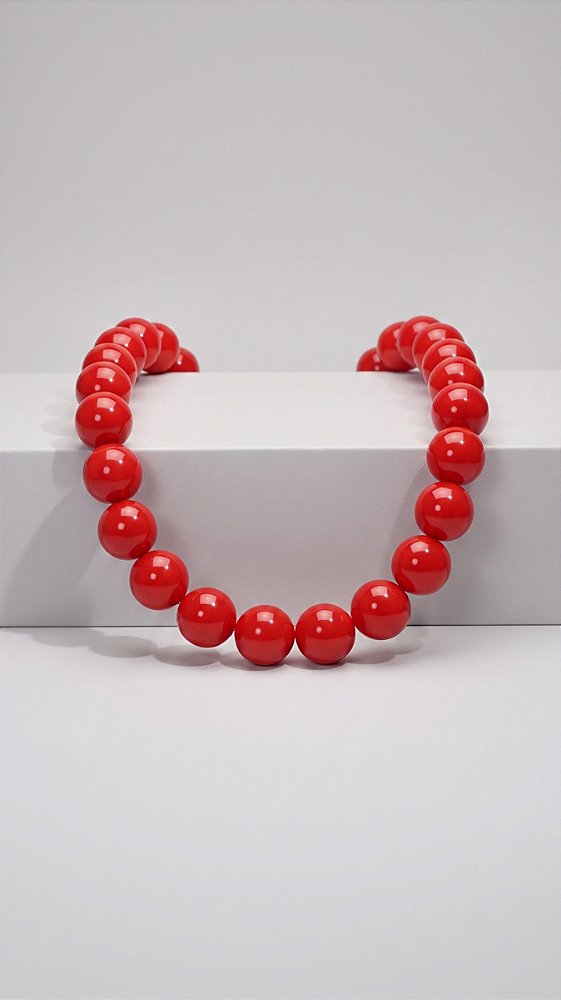 Colar Esferas Resina Vermelho Banho Ródio Branco