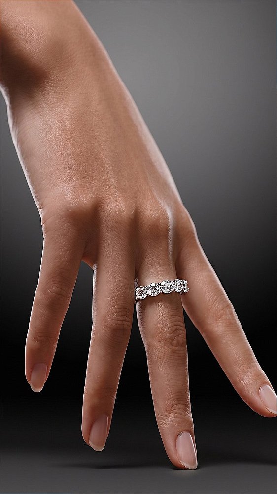 Anel Meia Aliança 7 Pedras 0.3ct Moissanite Cravejado Prata 925 Ajustável