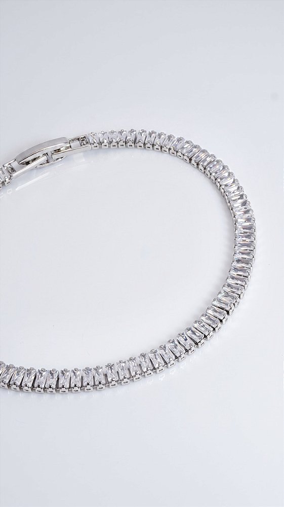 Pulseira Riviera Baguete 3mm Zircônias Banho Ródio Branco