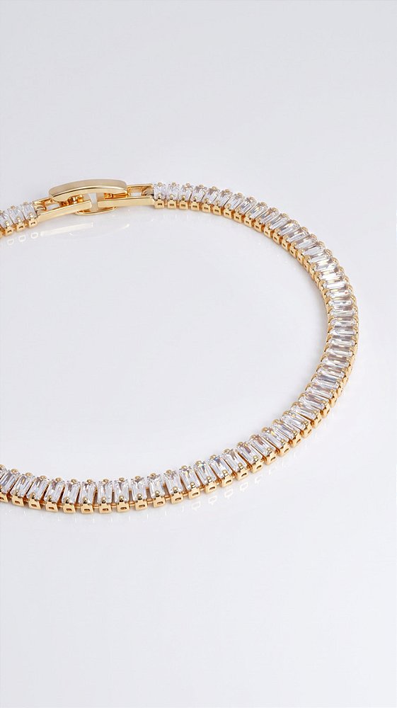 Pulseira Riviera Baguete 3mm Zircônias Banho Ouro 18K
