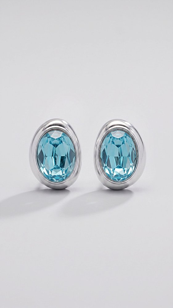 Brinco Oval Orgânico Zircônias Azul Banho Ródio Branco