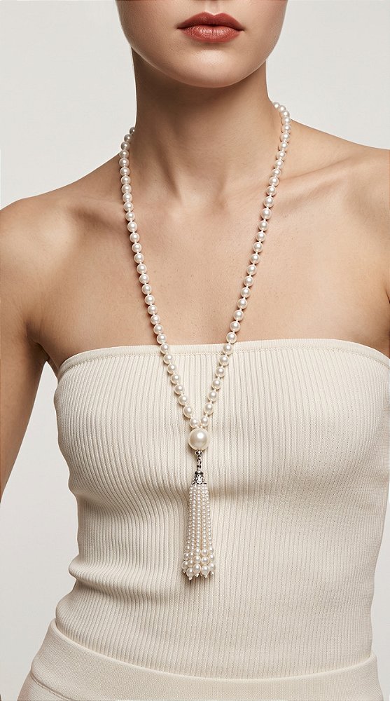 Colar Pérolas Alongado Pingente Tassel Banho Ródio Branco