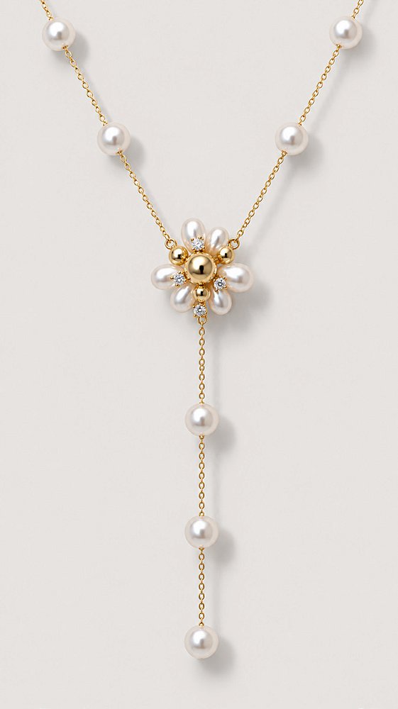 Colar Pérolas Shell Pingente Flor Zircônias Banho Ouro 18K