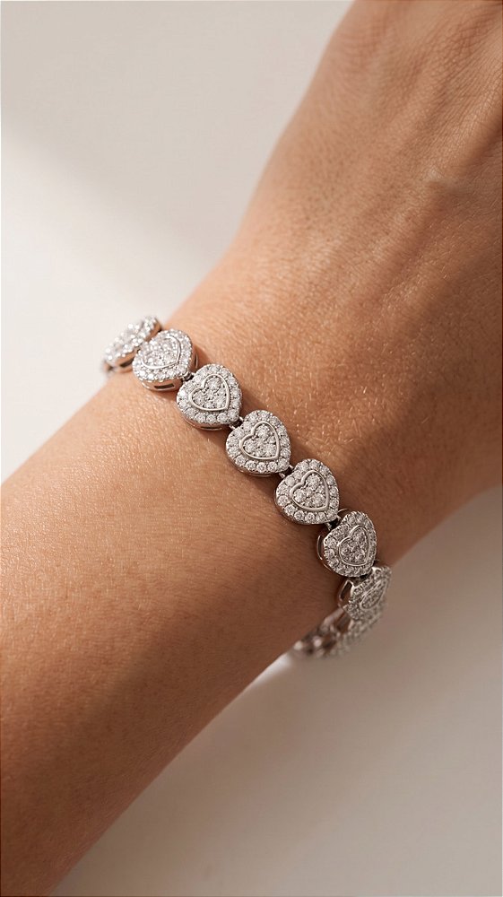 Pulseira Zircônia Coração Cravejada Banho Ródio Branco