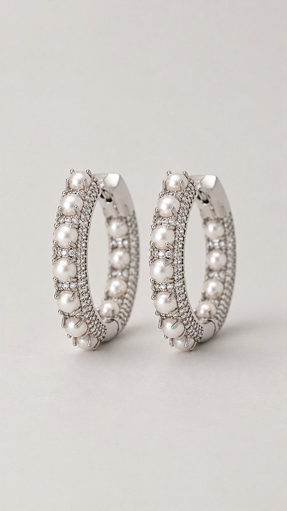 Brinco Argola Pérolas Click Banho Ródio Branco