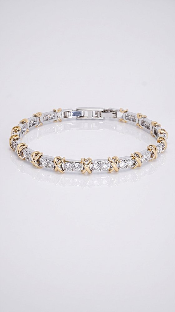 Pulseira Duo X Pedras Zircônias Banho Ródio Branco e Ouro 18K