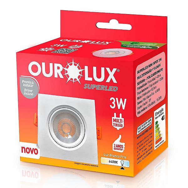 SPOT LED QUADRADO 3W 6400K BRANCO OUROLUX
