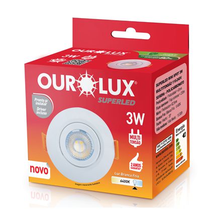 SPOT LED REDONDO 3W 6400K BRANCO OUROLUX
