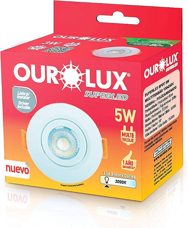 SPOT LED REDONDO 5W 3000K BRANCO OUROLUX