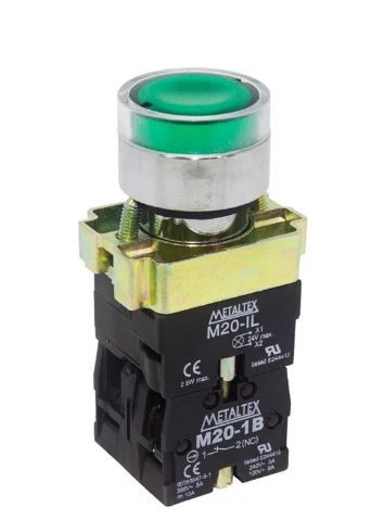 BOTÃO PULSADOR ILUMINADO METÁLICO M20IGR-G-1C VERDE 220V - 1NA+1NF METALTEX