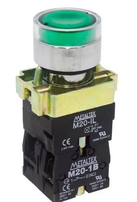 BOTÃO PULSADOR ILUMINADO METÁLICO M20IGR-G7-1C -  VERDE 24V - 1NA+1NF METALTEX