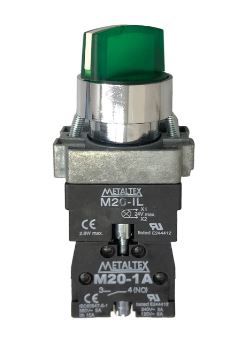 CHAVE SELETORA METÁLICA 2 POSIÇÂO FIXA 22MM 1NA 220V M20ICR2-G-1A  ILUMINOSO VERDE METALTEX