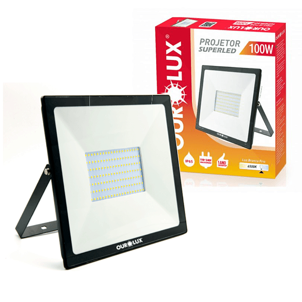 REFLETOR LED 100W 6500K BRANCO FRIO BIV PRETO OUROLUX