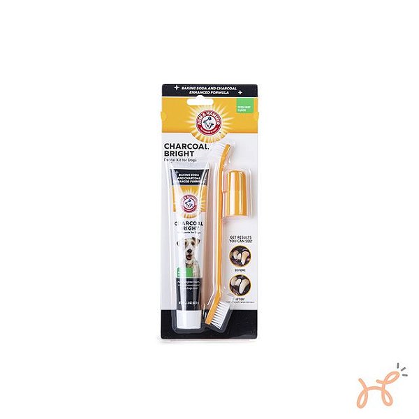 Kit Dental Pasta Enzimática, Escova e Dedeira para Cães Clareador Charcoal Brigth Sabor Menta - Arm & Hammer