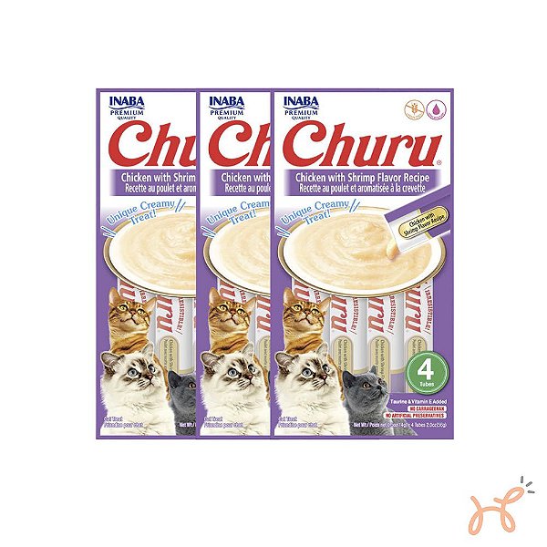 Kit c/3 Unid Petisco para Gatos Churu Frango com Aroma de Camarão - Inaba