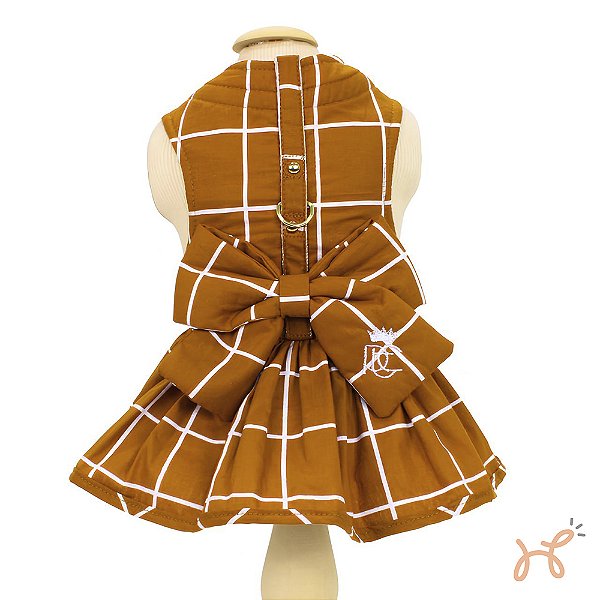 Vestido para Cães Laço e Guia Grid Ocre - Pata Chic