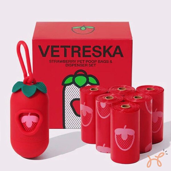 Kit Cata Caca Dispenser e Sacos Morango (1 dispenser + 7 rolos) - Vetreska