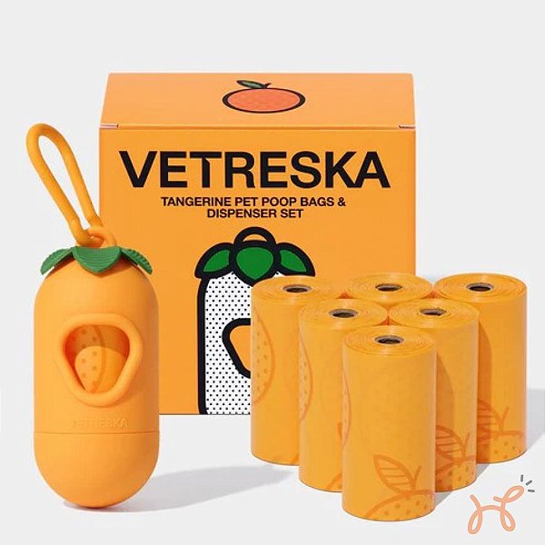 Kit Cata Caca Dispenser e Sacos Tangerina (1 dispenser + 7 rolos) - Vetreska