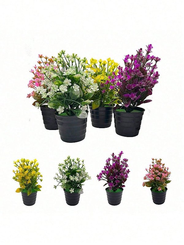 Kit 4 Vasos Pretos C/ Plantas Artificiais Decoração Moderna