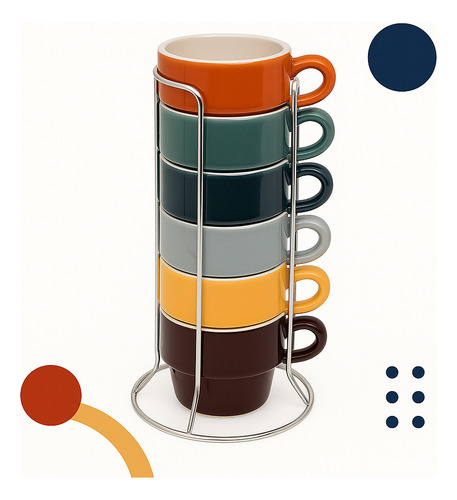 Kit 6 Xícaras Cerâmica Empilháveis Modernas C/ Suporte Inox