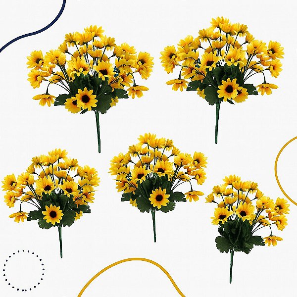 Kit 5 Buquê Girassol Artificial C/21 Flores Real Artificiais