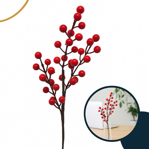 Galho Azevinho Cereja Natal 43cm Decoração Festiva Vermelho