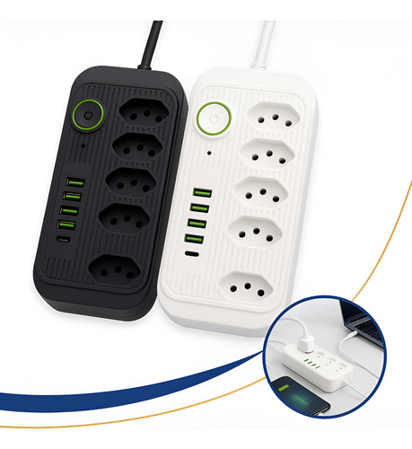Extensão 5 Tomadas 4 Usb 1 Tipo C 2m Bivolt C/botão Power Nf