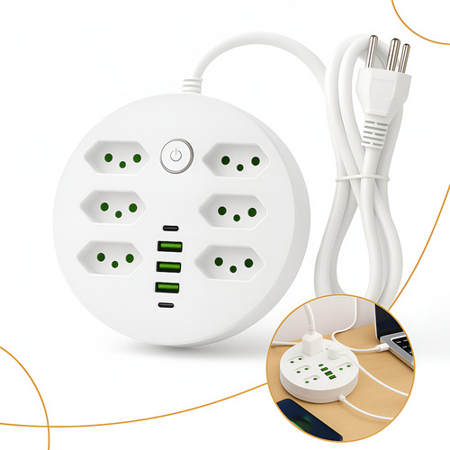 Extensão Elétrica 6 Tomadas 3 Usb 2 Tipo C Bivolt 2500w Nfe