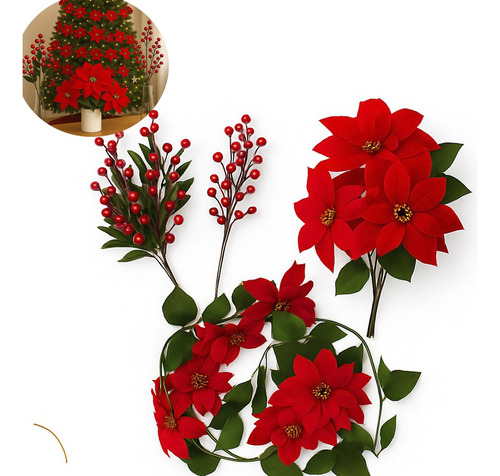 Kit 4 Peças Natal Azevinho Poinsettia Pendente P/ Árvore Nfe