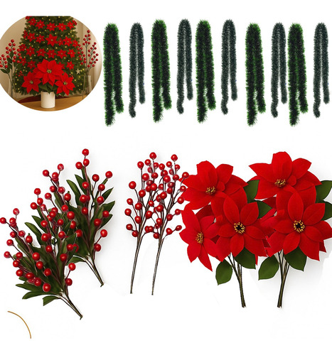 Kit 16 Enfeites Natalino Poinsettia Azevinho Festões Sortido