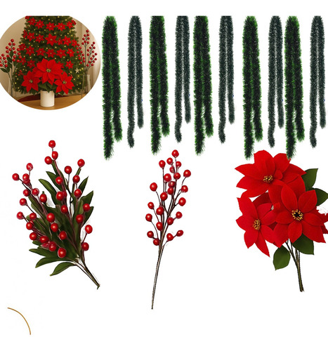 Kit Natal Poinsettia Azevinhos 10 Festões Sortidos Decoração