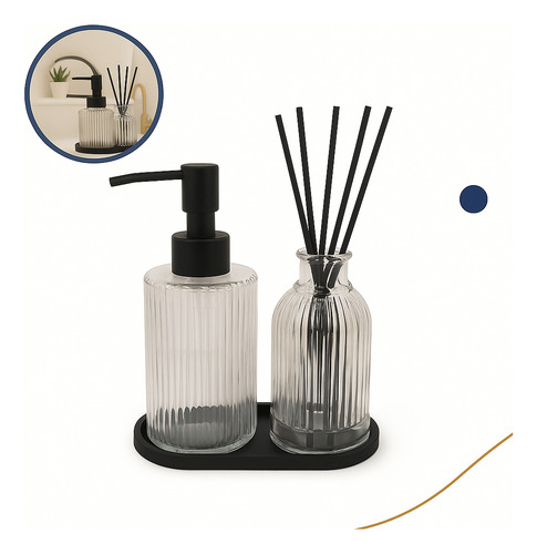 Kit Banheiro 3 Peças Luxo Vidro Difusor Porta Sabonete Decor