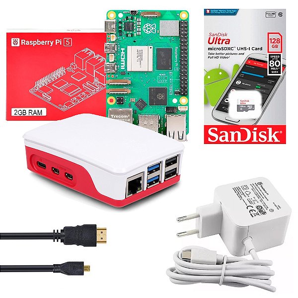 Kit Raspberry Pi 5 2GB Oficial microSD 128GB Case Cooler Dissipadores Fonte MicroHDMI