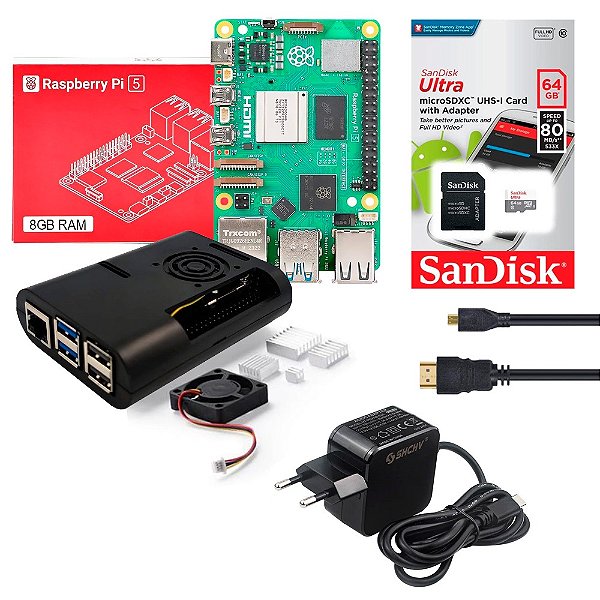 Kit Raspberry Pi 5 8GB microSD 64GB Case Cooler Dissipadores Fonte MicroHDMI
