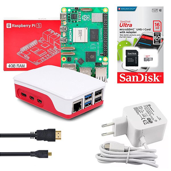 Kit Raspberry Pi 5 4GB Oficial, 16GB, Case, Cooler, Dissipadores, Fonte, Cabo MicroHDMI