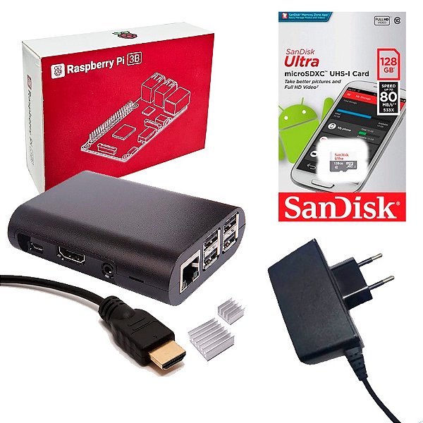 Kit Raspberry Pi 3 B MicroSD 128GB Case Dissipadores Fonte Cabo HDMI