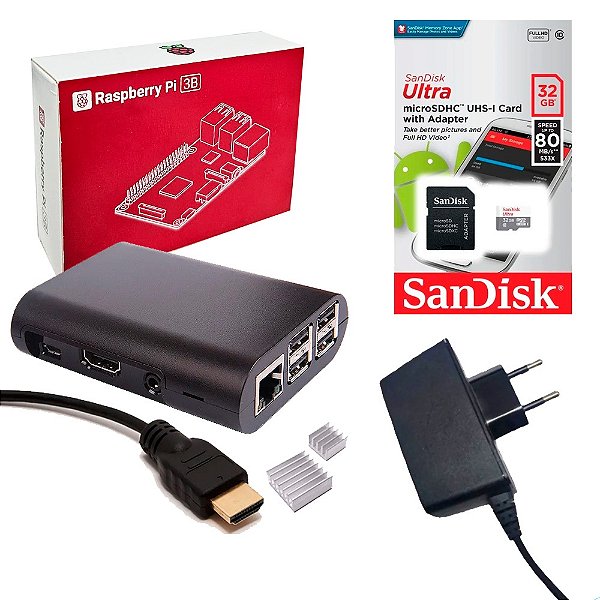 Kit Raspberry Pi 3 B MicroSD 32GB Case Dissipadores Fonte Cabo HDMI