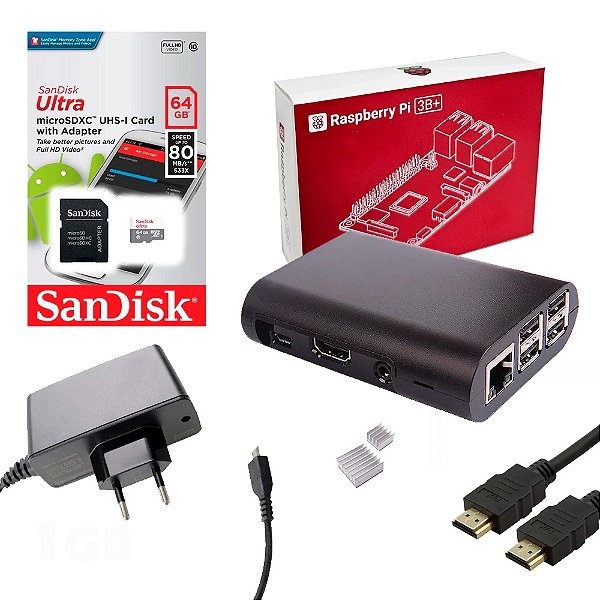 Kit Raspberry Pi 3 B+ Plus MicroSD 64GB Case Dissipadores Fonte Cabo HDMI