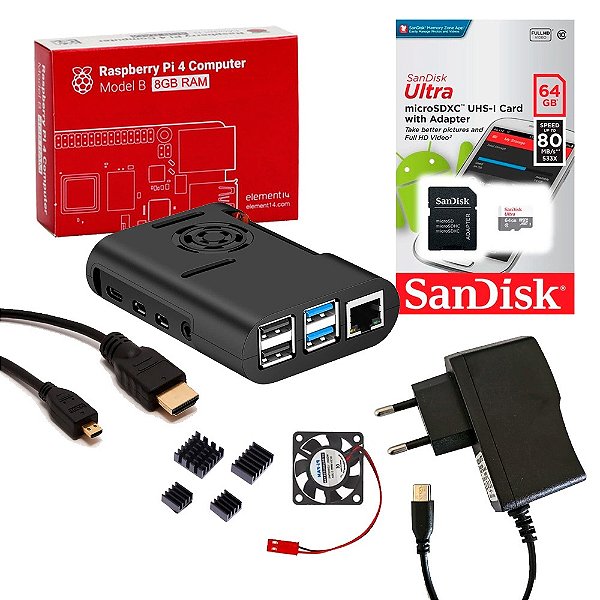 Kit Raspberry Pi 4 8GB microSD 64GB Case Cooler Dissipadores Fonte MicroHDMI