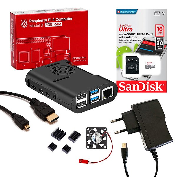 Kit Raspberry Pi 4 8GB microSD 16GB Case Cooler Dissipadores Fonte MicroHDMI