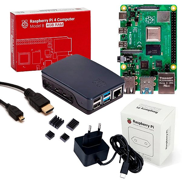 Kit Raspberry Pi 4 4GB Oficial Case Dissipadores Fonte Oficial Cabo MicroHDMI