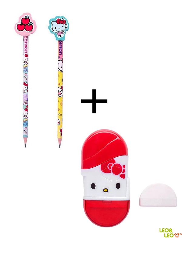 2 LÁPIS + 1 APONTADOR C/ DEPÓSITO E BORRACHA HELLO KITTY