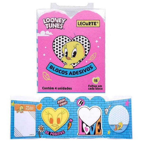 Bloco Adesivo Looney Tunes Cartela 3 Dobras C/ 4 Blocos 15F cada Leoarte
