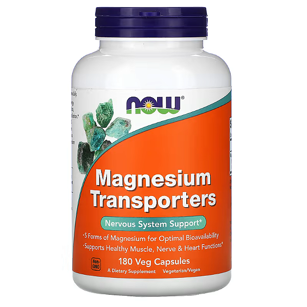 Magnésio Transporters 120mg Now Foods – 180 Cápsulas Original EUA para Energia, Ossos Fortes e Bem-Estar ✅