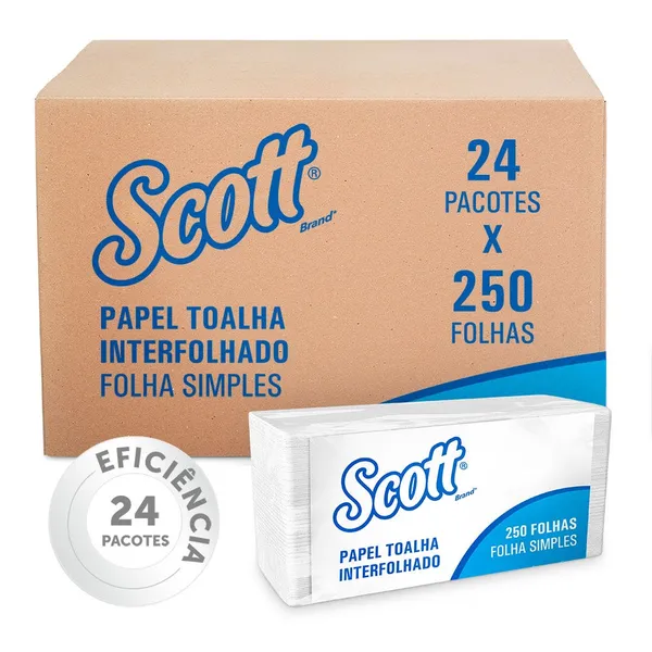 Papel Toalha Interfolhado Scott® Folha Simples - Caixa com 6.000 Folhas - 24 pacotes de 250 folhas