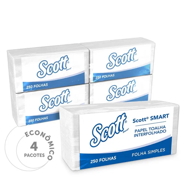 Papel Toalha Interfolhado Scott® Smart Folha Simples 250 Folhas - Fardo com 4 Unidades