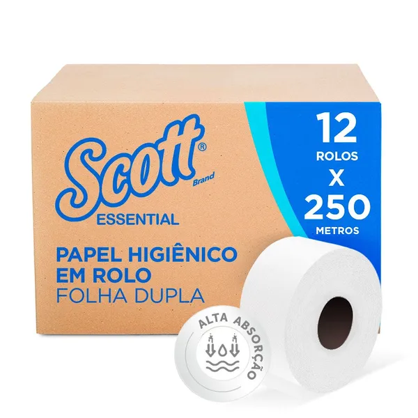 Papel Higiênico Rolo Scott® Essential 250m Folha Dupla - Caixa com 12 Rolos