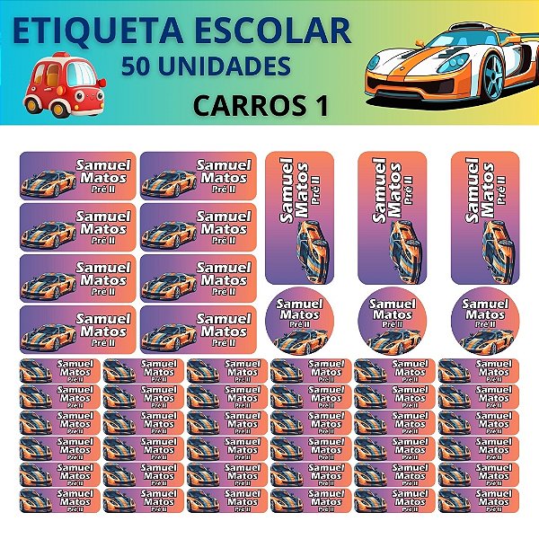 50 Etiquetas Escolares Vinil Carros