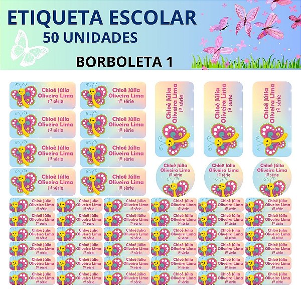 50 Etiquetas Escolares Vinil Borboleta