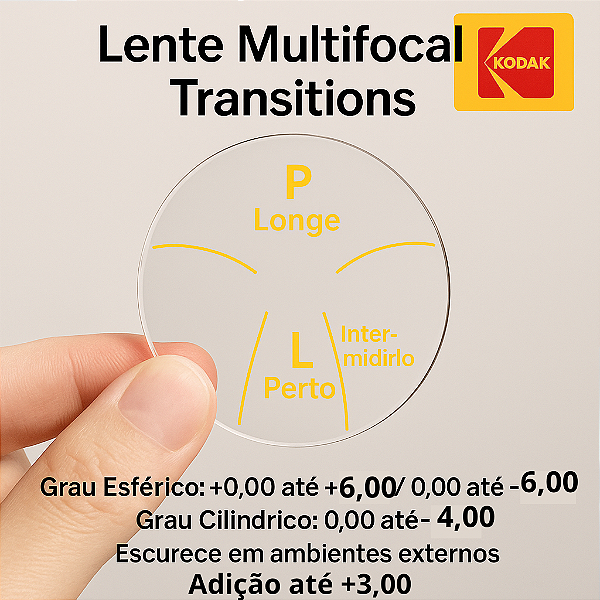 Lente Multifocal Kodak Transitions com Antirreflexo – Conforto Visual em Todas as Situações de Luz  💰 Valor: R$ 790,00  A Lente Multifocal Kodak com Transitions e Antirreflexo